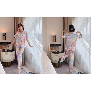 Đồ bộ Pyjama lụa, đồ bộ Pijama lụa nữ quần dài (Gấu hồng)