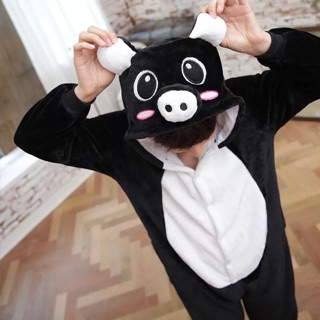 Bộ ngủ thú bông hình heo đen/hồng