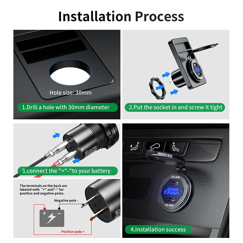 SEAMETAL Tẩu sạc nhanh USB PD type-C 12V 24V ổ cắm cổng kép đa năng với màn hình điện áp LED cho ô tô