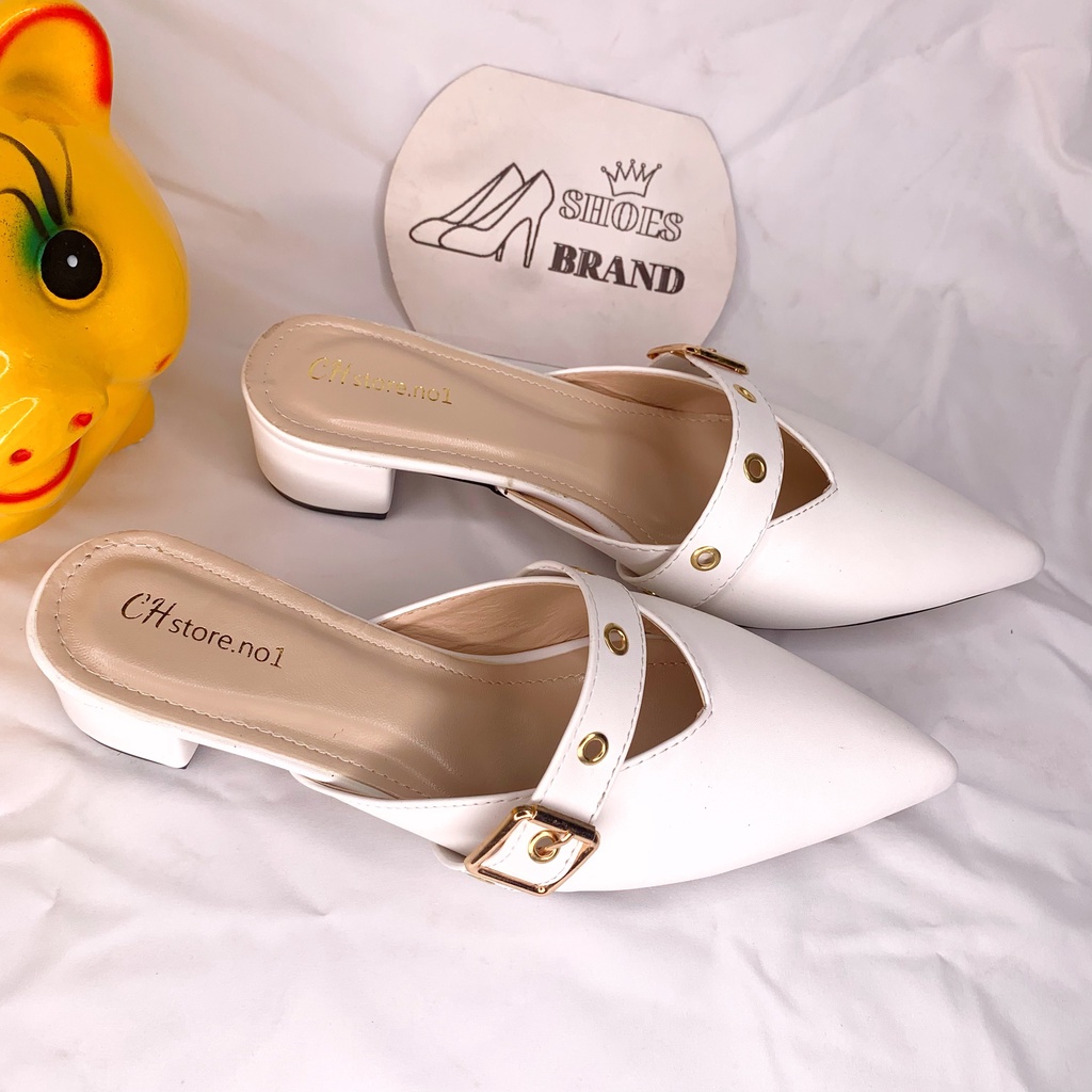 Sục mũi nhọn, giày cao gót nữ phối khóa vàng, đế vuông 5p - MÃ C07