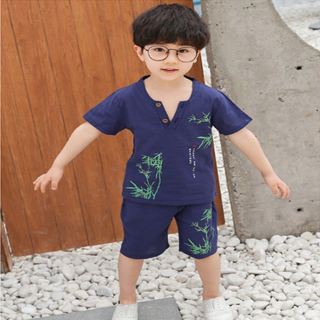 Đồ bộ bé trai Binbon kids, Bộ quần áo cộc tay bé trai chất đũi in hình cây tre cực mát cho bé từ 6-28kg