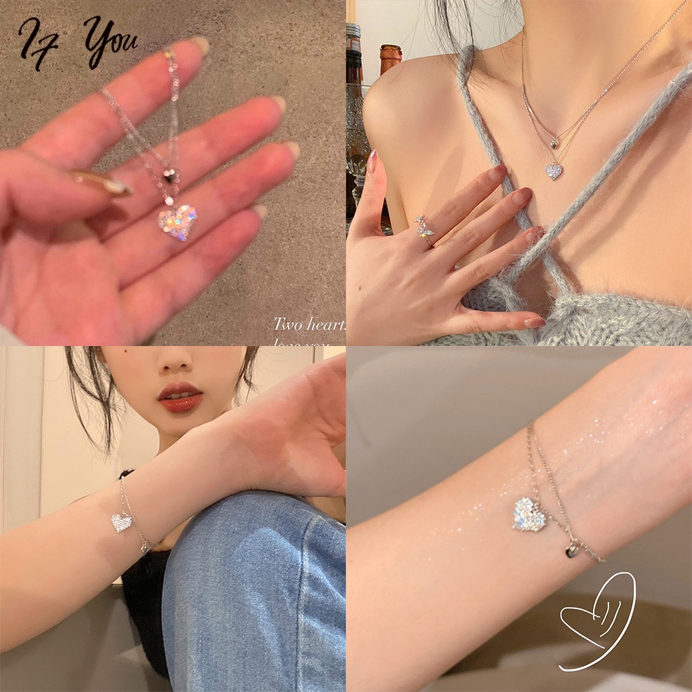 Vòng cổ/ Vòng tay AY mạ bạc mặt hình trái tim đính đá pha lê thời trang