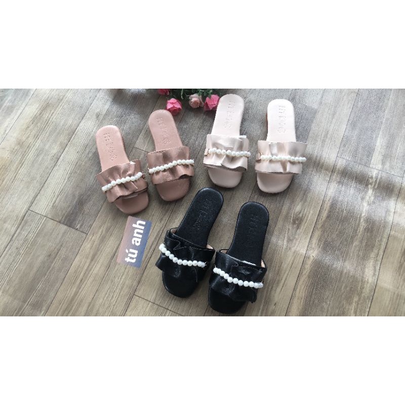 Dép lê da cho bé , dép ngọc nhún bèo dễ thương thời trang  cho bé gái