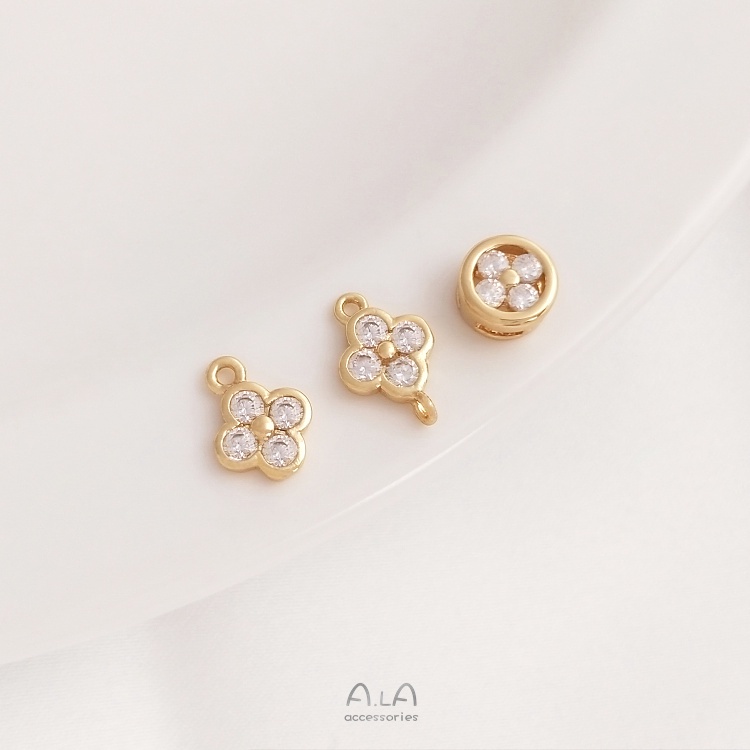 💖Trang sức DIY phụ kiện💖Giữ màu 14K mạ vàng Zircon bốn lá cỏ mặt dây chuyền tròn may mắn cỏ cách ly hạt DIY trang sức đôi treo phụ kiện