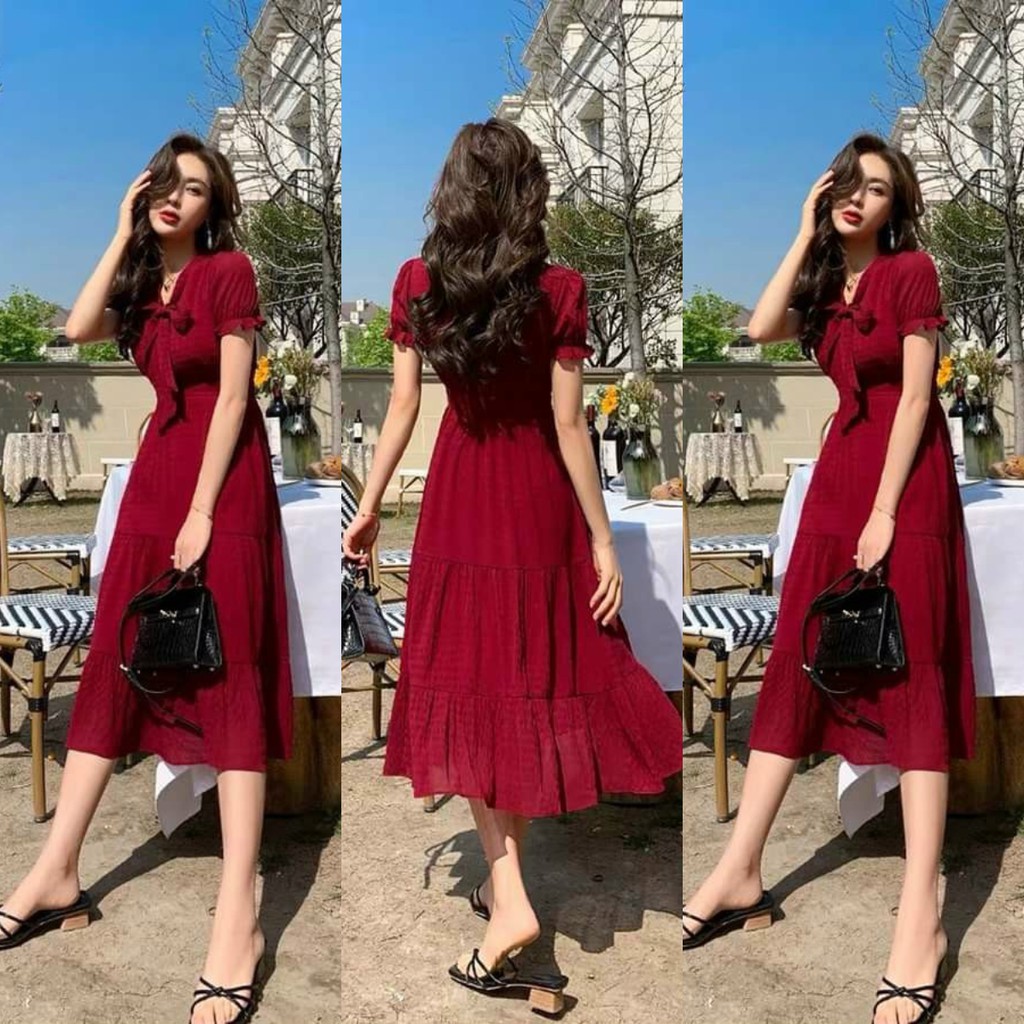 Đầm Nữ Đẹp❤Đầm Dự Tiệc Thiết Kế Tay Nhún Tầng Xòe Đẹp Xuất Sắc Hanaki HNK315 | BigBuy360 - bigbuy360.vn