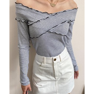 Áo bẹt vai sọc ngang trắng xanh EDINI - A1161