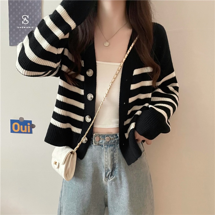 Áo khoác cardigan ZHELIHANGFEI dệt kim họa tiết kẻ sọc phong cách retro dễ phối đồ cho nữ