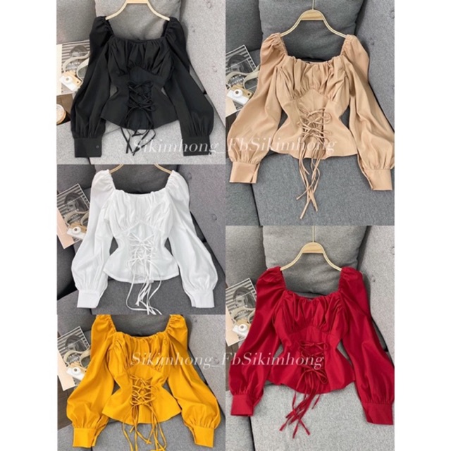 Áo kiểu tay phồng dài đan dây eo( Ảnh shop chụp thật 100%)