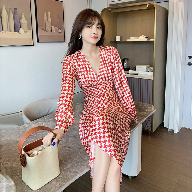 IELGY Đầm Dài Dáng Chữ A Cổ Chữ V Họa Tiết Sọc Caro Phong Cách Cổ Điển Thời Trang Cho Nữ