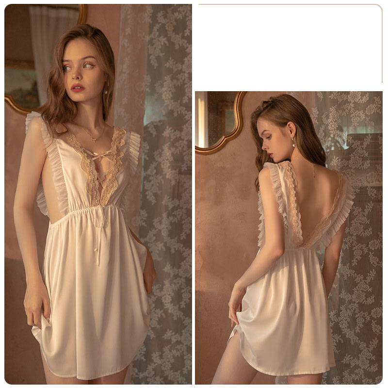 Bộ Đồ Ngủ Hai Dây Hở Lưng Phối Bèo Phong Cách Pháp Quyến Rũ Cho Nữ