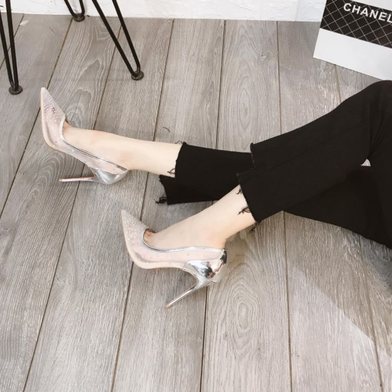 lo Giày Cao Gót 10p Lbt Lưới Đá Gót Bạc Mềm Êm Fullbox Cao Cấp