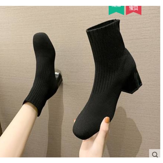 Giày boot len nữ cao gót đế vuông mùa thu đông phong cách Hàn Quốc