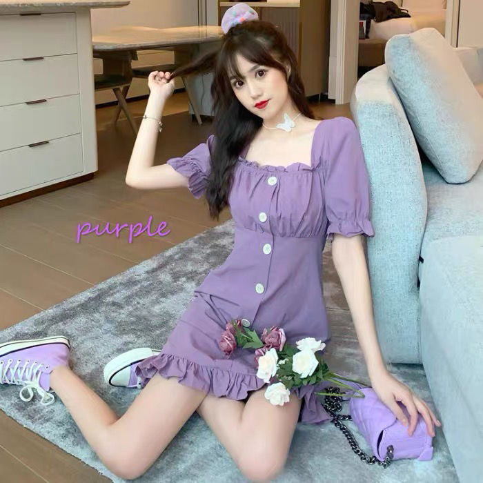 Women's skirt Korean Fashion Short Sleeve Pleated Square Neck Skirt