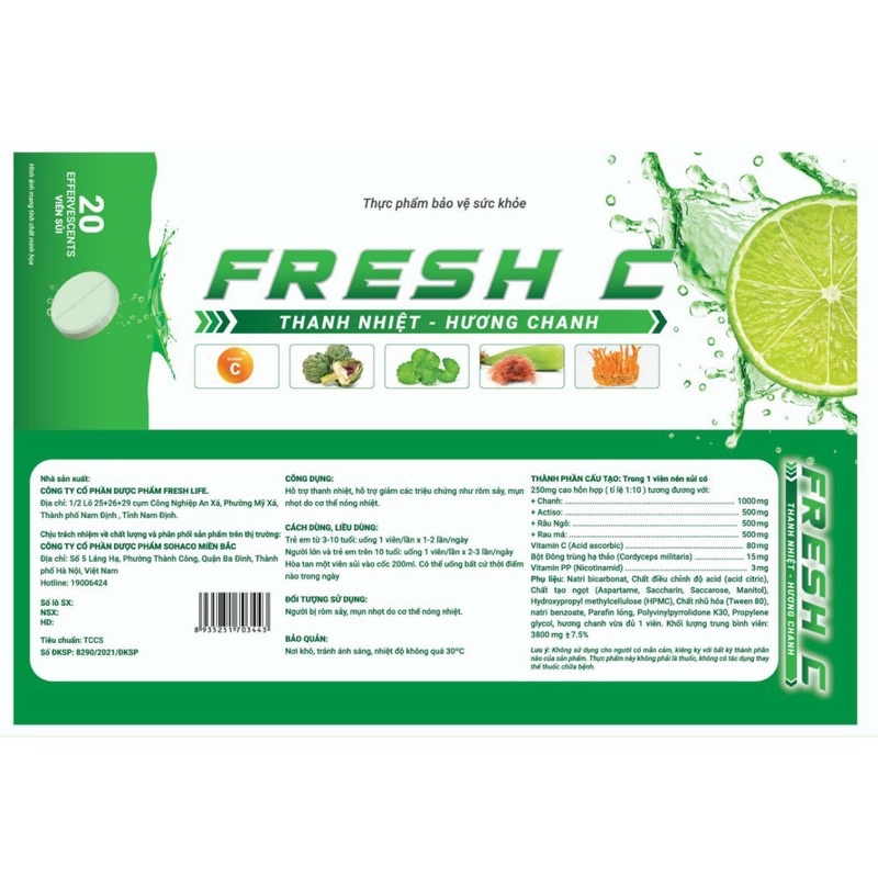 Viên sủi FRESH - C (tuýp 20 viên) Hương Cam, Hương Chanh, Hương Chanh Leo giúp Thanh nhiệt, Tăng đề kháng cho cơ thể