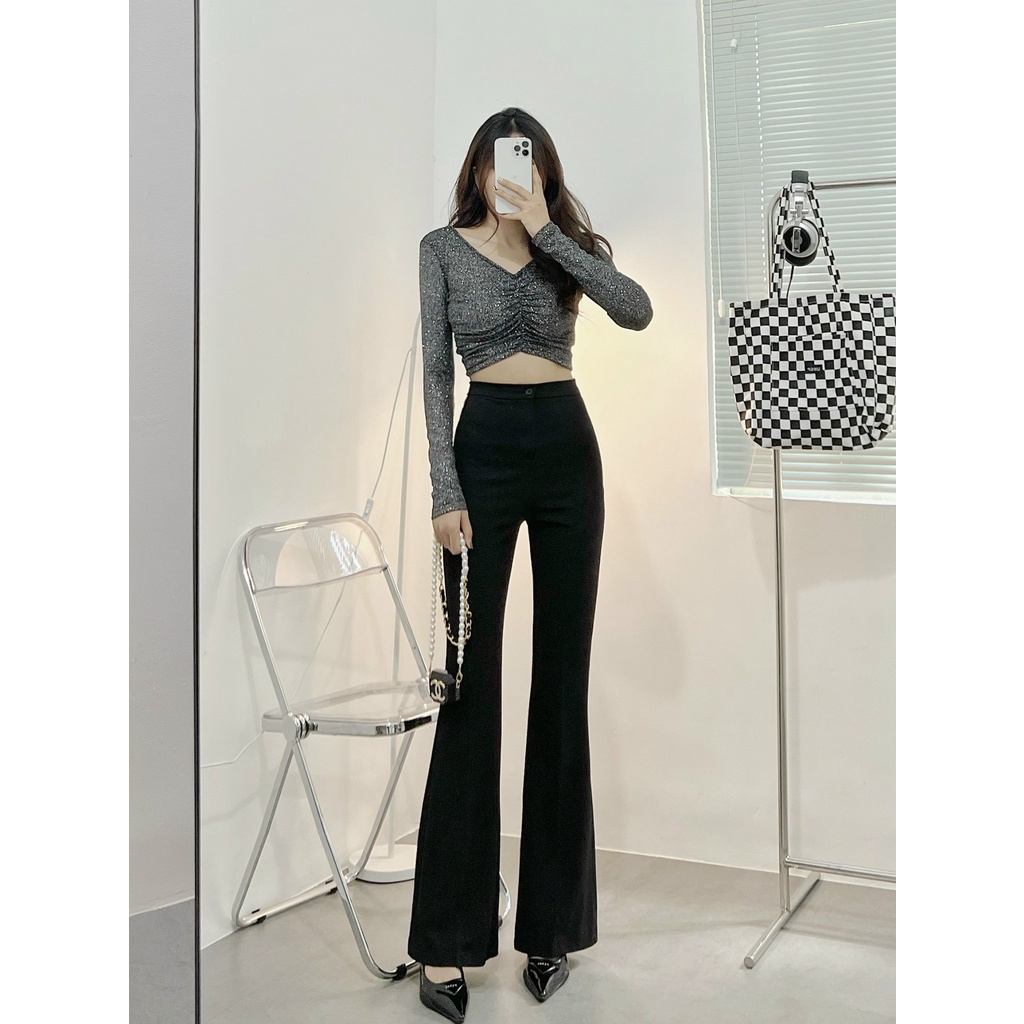 Áo croptop nữ tay dài HHVINTAGE kiểu nhún ngực đính kim sa thun co giãn Top A43