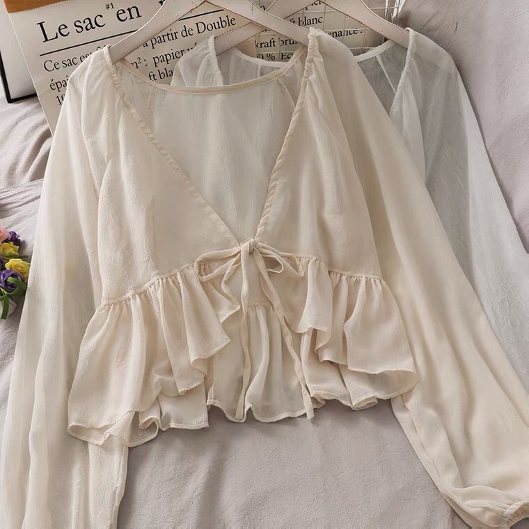 Áo khoác cardigan dài tay dây rút ngực form rộng / Áo croptop khoác ngoài dây rút phong cách hàn quốc