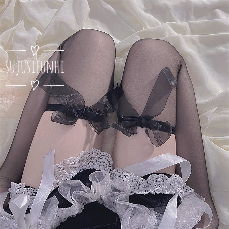 (2 màu) Tất/vớ đùi siêu mỏng đính nơ voan dáng dài lolita dễ thương