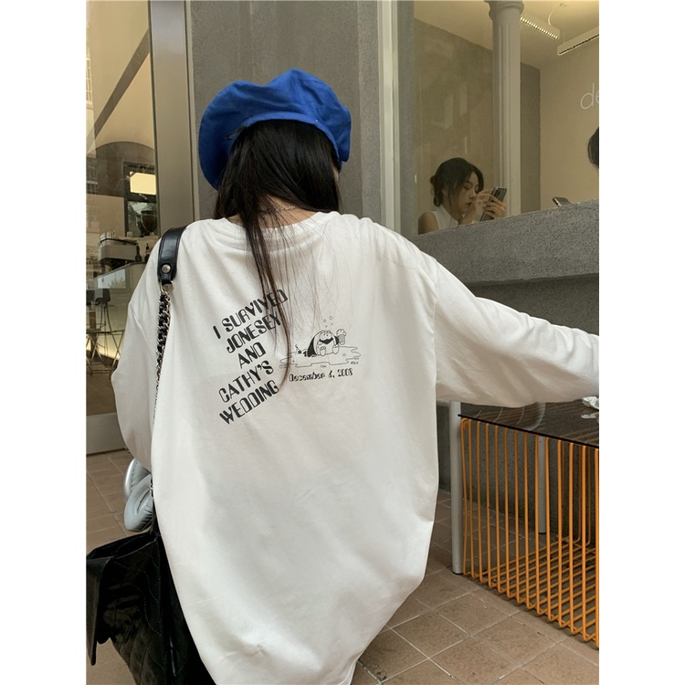 Áo thun tay dài dáng rộng màu đen in họa tiết chữ cái phía sau phong cách Mỹ harajuku thời trang mùa thu dành cho nữ