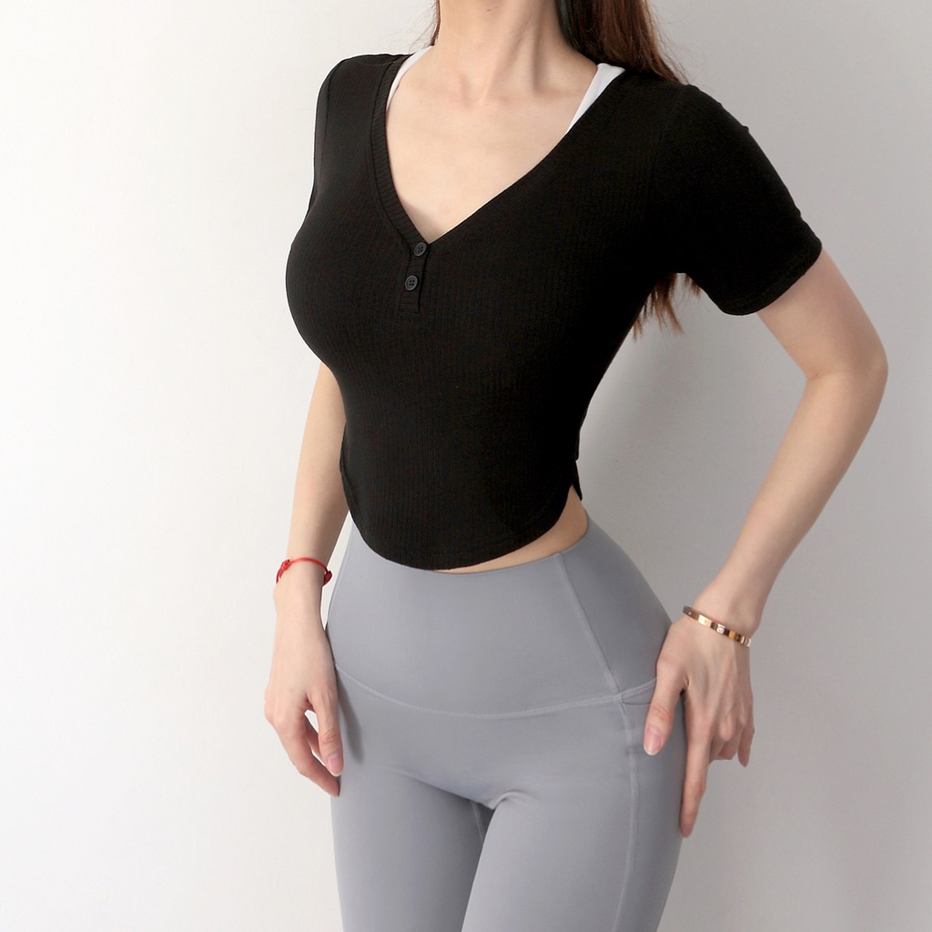 Áo thun thể thao ANRAN ngắn tay cổ chữ V thời trang cho nữ