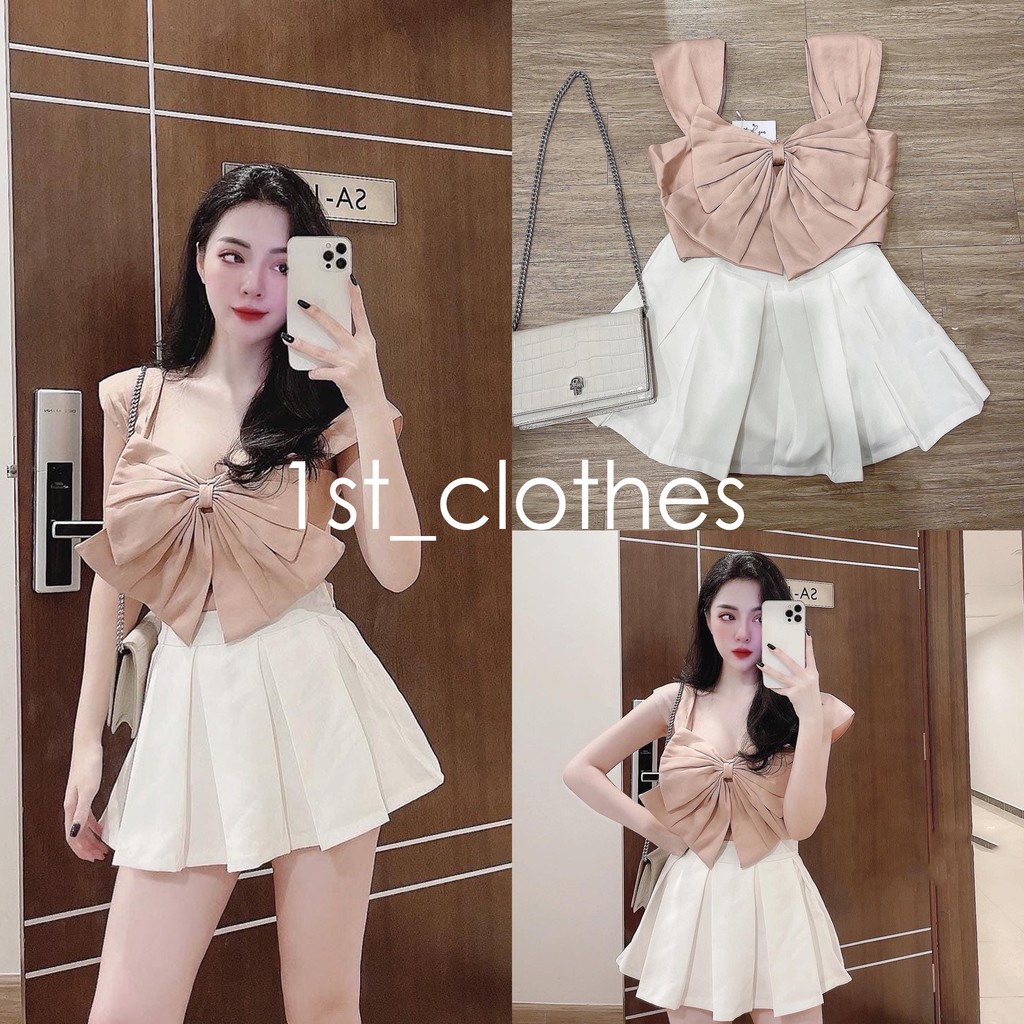 Set Áo Nơ Hồng Mix Chân Váy Xếp Li Xòe Xinh Xắn