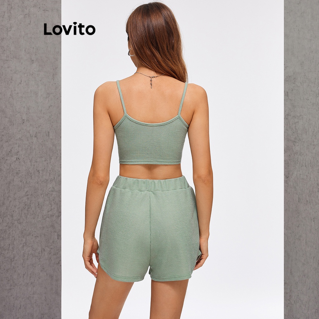 Lovito Set Quần Short L20D1432 Màu Xanh Lá Trơn Lưng Thun Đơn Giản