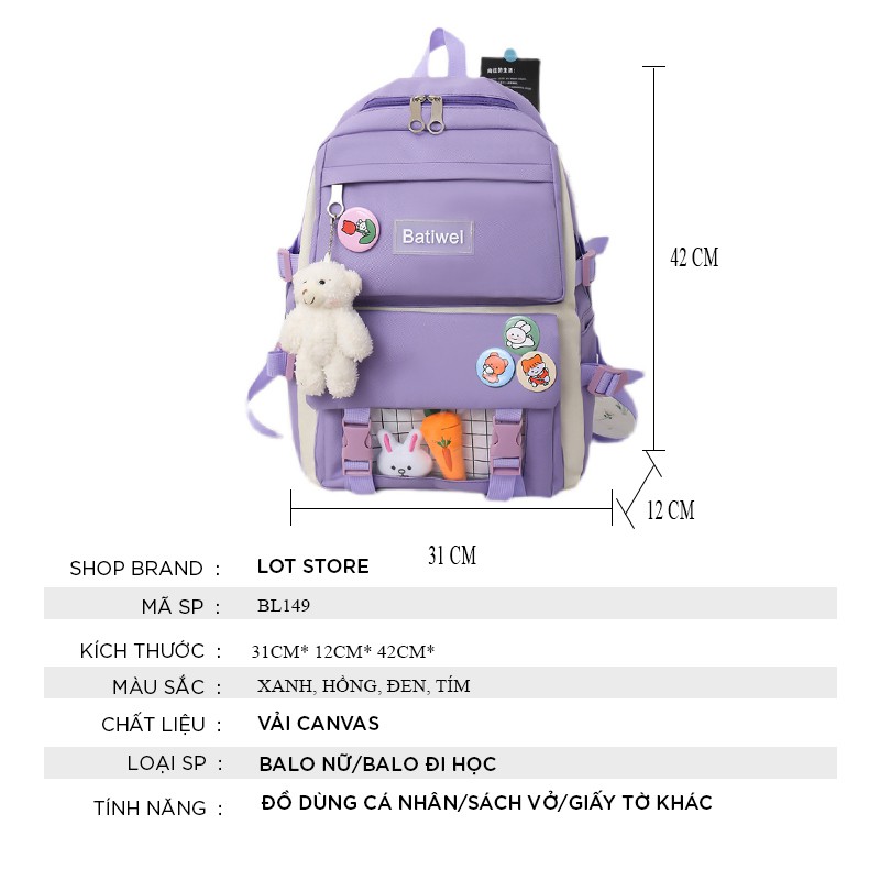 Balo nữ đi học giá rẻ thời trang cá tính cao cấp cute dễ thương LOT STORE BL149 ( không móc khóa gấu )