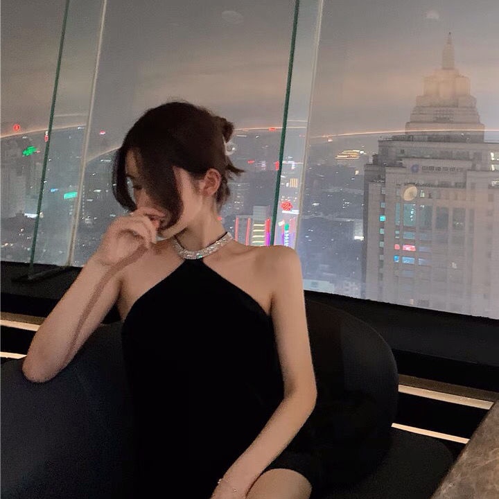 Đầm không tay màu đen đính đá thời trang mùa hè 2021 cho nữ