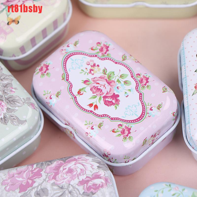 [rt81bsby]Mini flower tin trinket jewelry  box tinplate storage case small rectangular