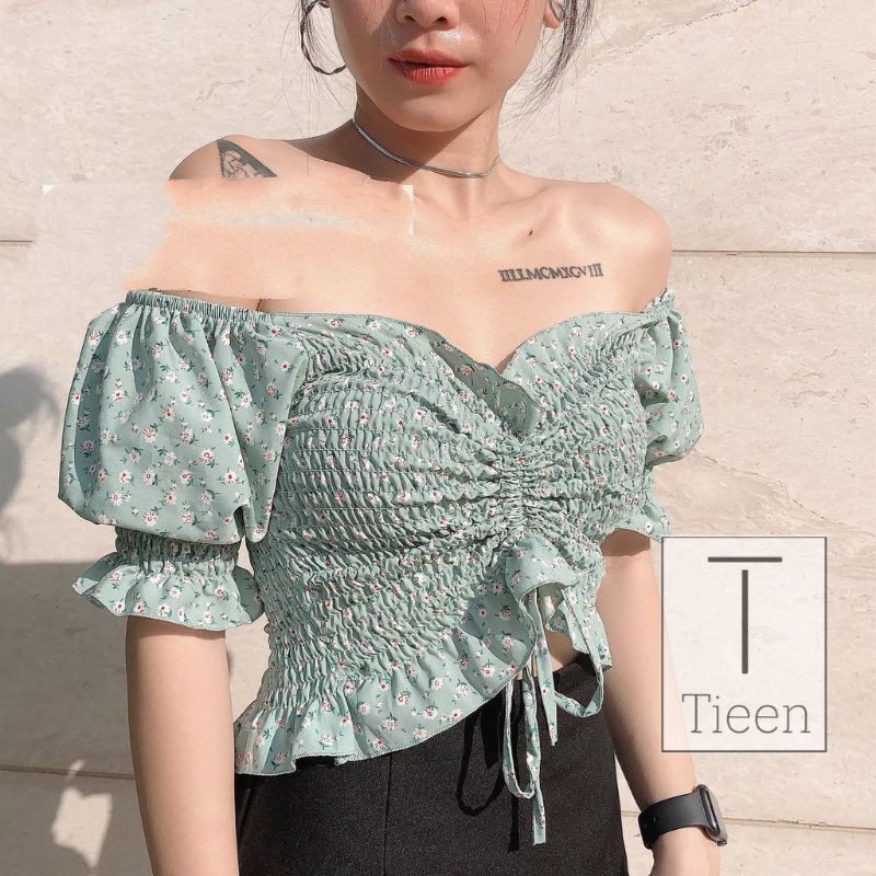 Áo croptop hoa nhí rút dây