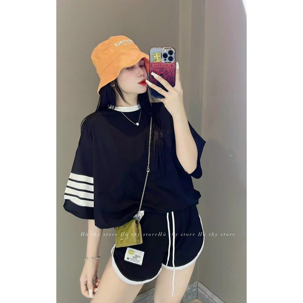 Sét bộ đồ nữ áo cổ tròn họa tiết tay kẻ ngang xinh xắn mix quần đùi duyên dáng cá tính đi chơi