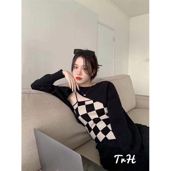 Set 2 món áo len Quảng Châu thiết kế gồm áo hai dây và áo dài tay phong cách cá tính trẻ trung, Set đồ nữ thu đông