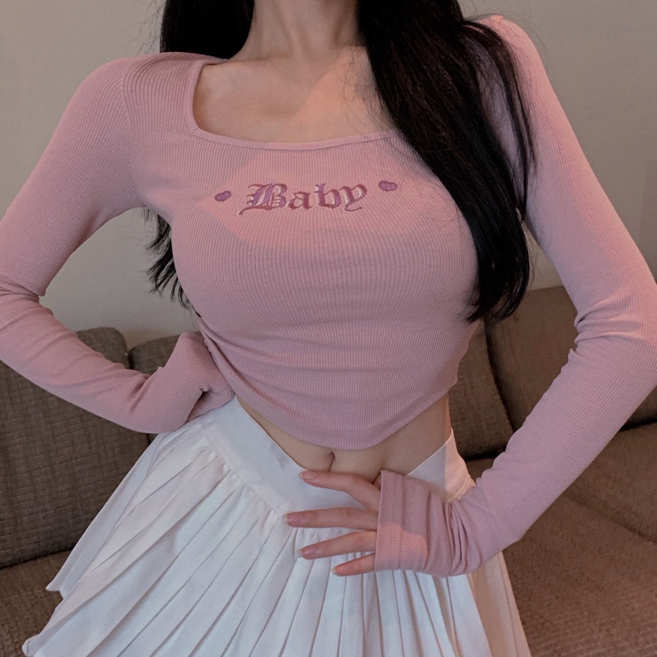 Áo thun COZOK tay dài cổ vuông thêu họa tiết quyến rũ cho nữ