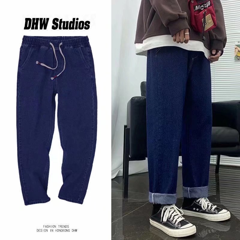 Quần jeans Ống Rộng Lưng Thun Thoải Mái Phong Cách Hip Hop Đường Phố Nhật Bản Cho Nam Cỡ S-5XL