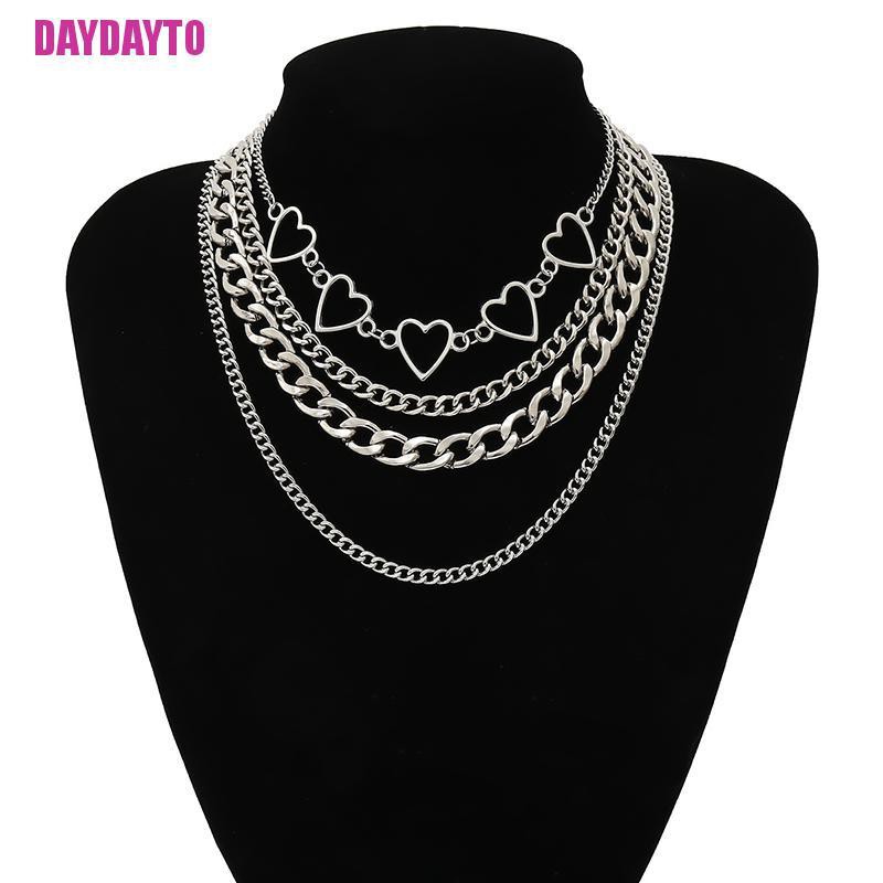 Vòng Cổ Choker Kim Loại Nhiều Lớp Mặt Trái Tim Rỗng Phong Cách Punk