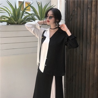 Sơ mi lụa đối lập đen trắng
