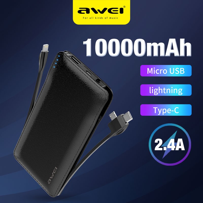 Sạc dự phòng Awei P51K 10000mAh 3 trong 1 với đầu ra USB type A cao cấp