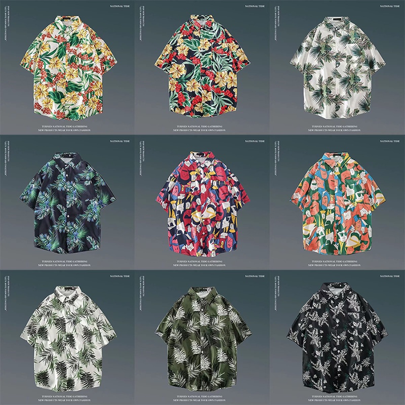 (M ~ 3XL) Áo sơ mi ngắn tay rộng rãi, hình in Nhật Bản, phong cách bãi biển Hawaii, phong cách cảng ngày lễ cec