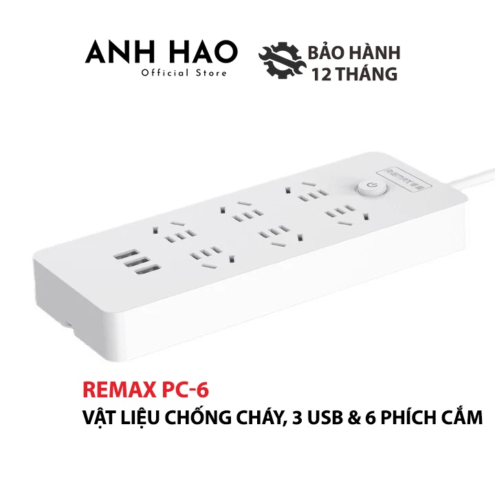 Ổ cắm điện thông minh Remax PC-6 hỗ trợ 3 cổng USB và 6 phích cắm - công suất tải lên đến 2500W