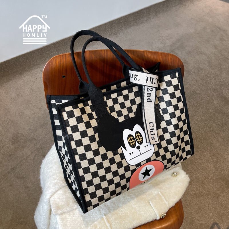 HAPPY HOMLIV Túi Tote Canvas Sức Chứa Lớn 17-Inch Đựng Máy Tính Xách Tay 2022 Họa Tiết Kẻ Sọc Phong Cách Retro Mới Cho Nữ