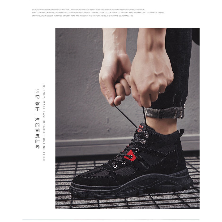 GiàyThể Thao  Nam Giày Sneaker cổ cao mầu đen da lộn đế đúc cao chống trơn kiểu dáng mạnh mẽ hd28