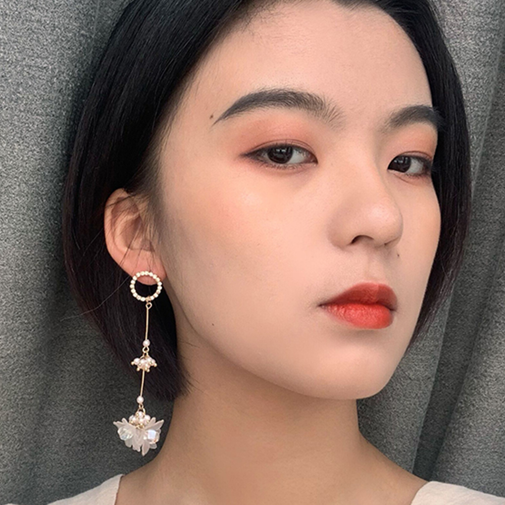 Bông Tai Dáng Dài Hình Hoa Đính Ngọc Trai Xinh Xắn S925