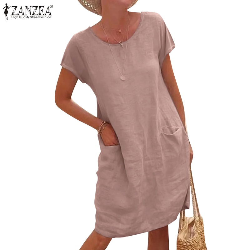 Đầm midi ZANZEA bằng cotton ngắn tay cổ tròn màu trơn thời trang cho nữ