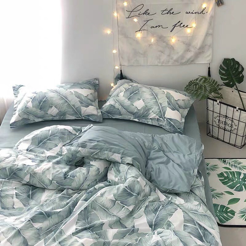 Bộ chăn ga gối drap giường chất cotton poly họa tiết lá chuối xám