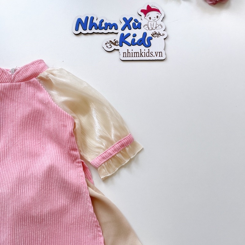 Áo Dài Cách Tân Hồng Phấn Bé Gái 4 Đến 30kg Chất Nhung Tăm Phối Tơ Ánh Nhũ Kèm Mấn