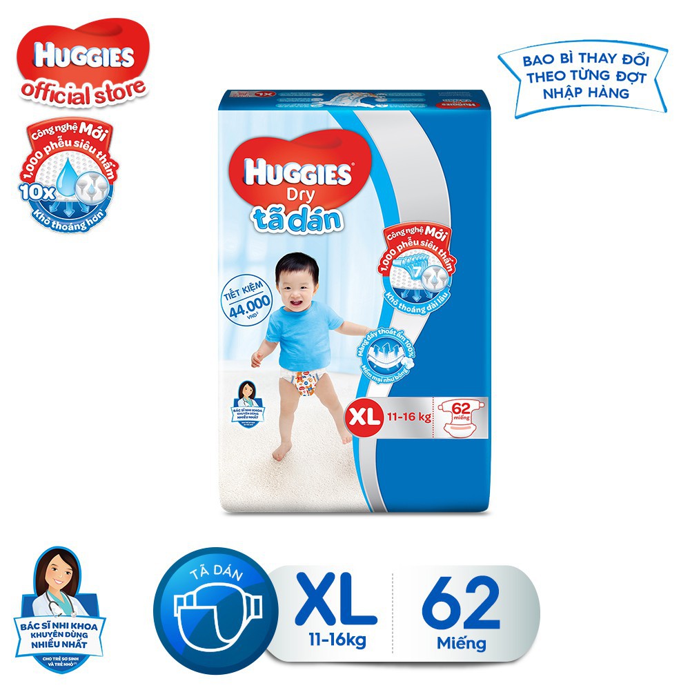 Tã dán Huggies Dry Super Jumbo M76/L68/XL62/XXL56