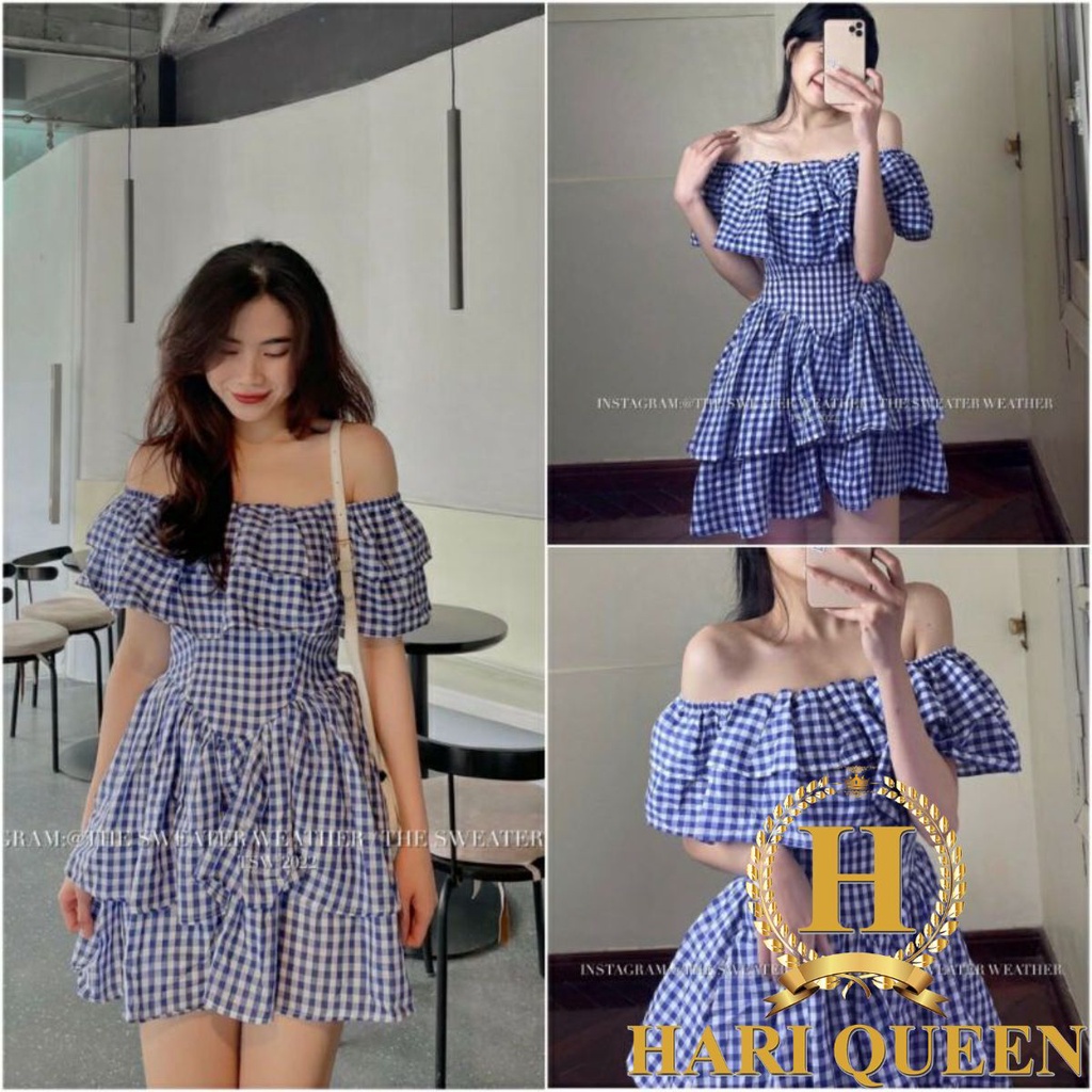 Váy trễ vai kẻ caro xanh tiểu thư phong cách Hàn Quốc HARIQUEEN