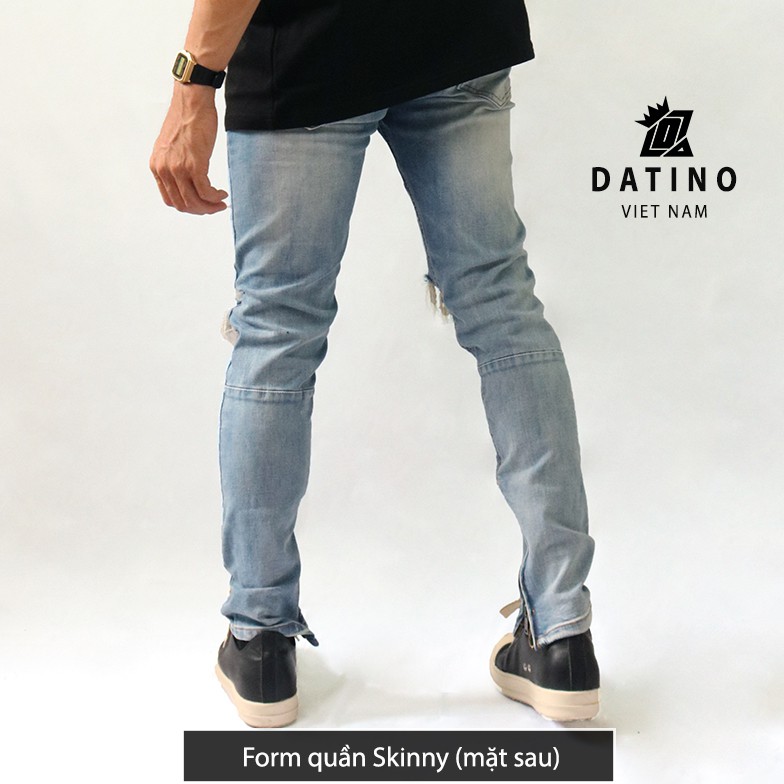 Quần jean nam Streetwear DATINO xanh rách gối form Skinny co giãn ống khóa Zipper, bền màu