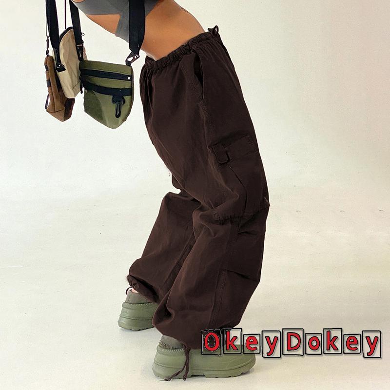 Quần Dài Ống Rộng Dây Rút Phối Túi Màu Trơn Phong Cách Retro Cho Nữ-Y2k