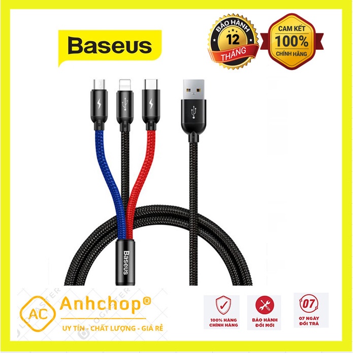 Dây Sạc nhanh đa Năng 3 ĐầuC ao Cấp Cáp Sạc Baseus 3 in 1 Cho Iphone Lightning/ Type-C/ Micro USB
