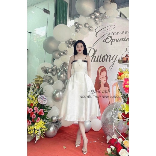 Sét đồ áo cúp ngực phối quần dài chất kate xốp TRIPBLE T DRESS phối trắng đen hoa cài ngực siêu xinh - Free size